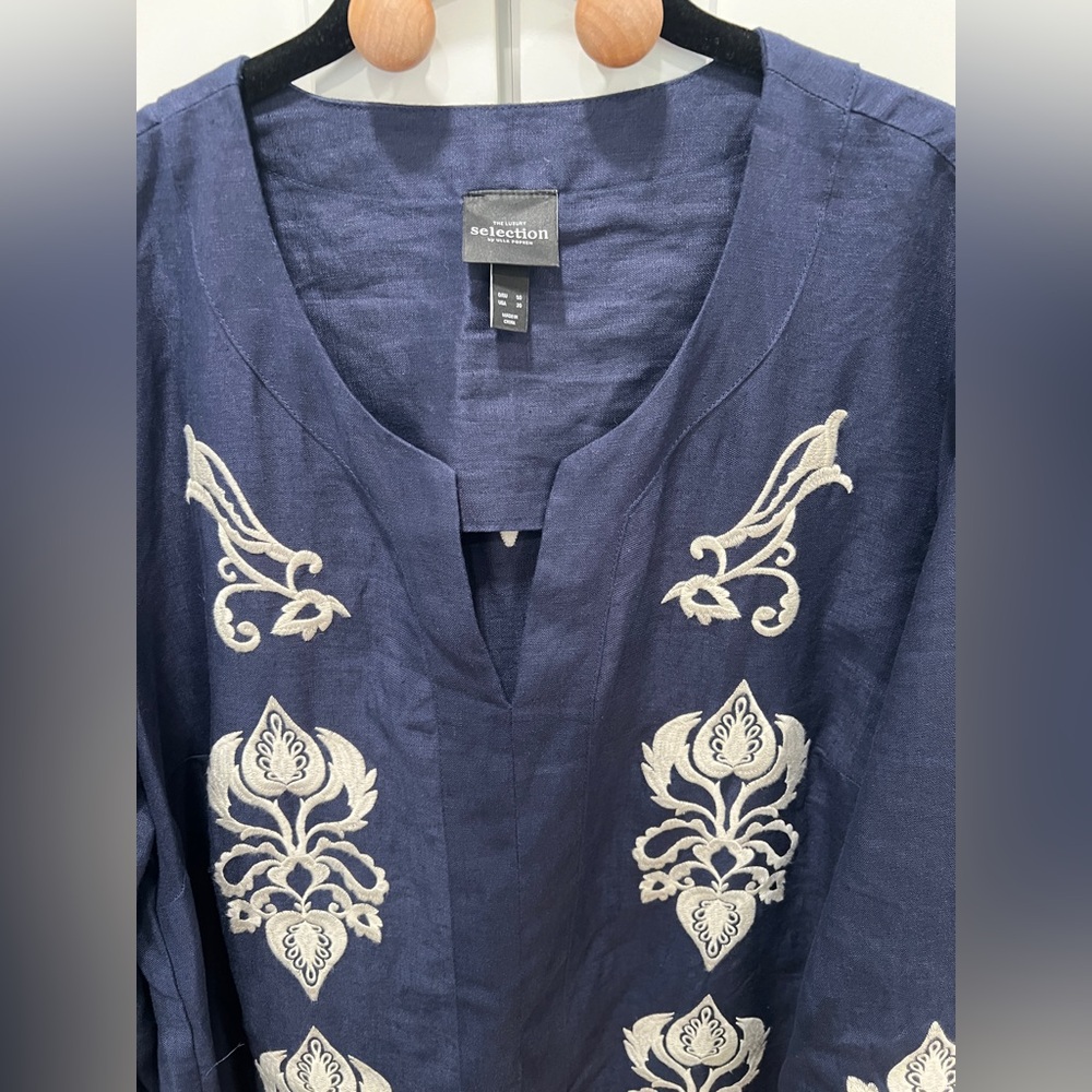 ULLA POPKEN DAMASK DETAIL SPLIT NECK SHORT SLEEVE DRESS, DARK MARINE, SIZE 20. - Picture 6 of 13